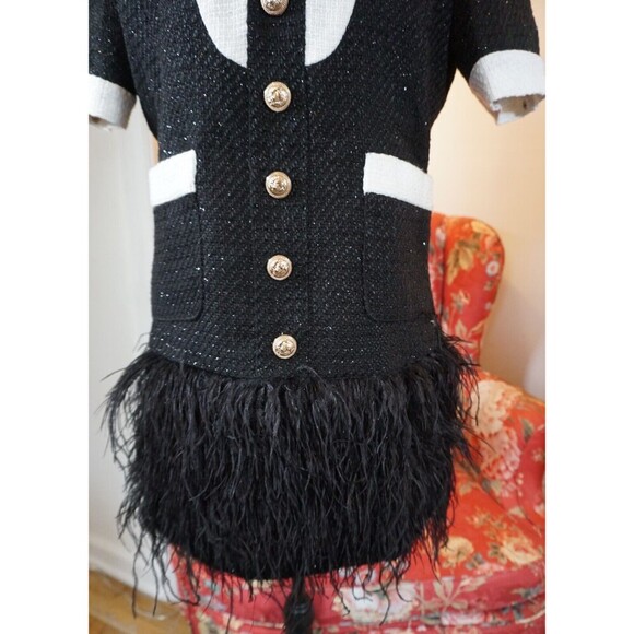 Tuxedo Style Sparkle Tweed Mini Dress with Fringe Feather Hem Sz M (6/8) - Picture 5 of 16